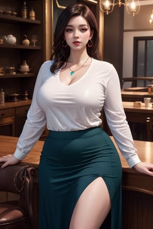 best quality 4k, vivid colors, unreal engine, 3D image detailed, full frame, ultra realistic, 30 year old, hot curvy body, chubby body, reality anatomy body,  long-sleeved shirt, long skirt, necklace, earring, chubby girl 