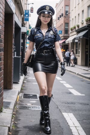 realistic, best quality 4k, vivid colors, 3D detailed image, full frame, hot curvy body, 30 year old, long legs, boot shoes, bracelet, glasses, gloves, necklace, stockings, earring, bags, police girl, police badge, police uniform, street walk, smile 