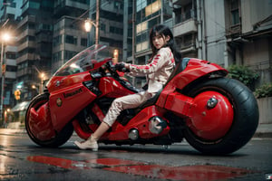 (Realistic, Photorealistic: 1.3), Original, Masterpiece, 16K, High Contrast, (Highest Resolution Illustration), Photorealistic: 1.3, Side Light, ((Exquisite Details and Textures)), Cinematic Shot, Ultra Realistic Photo, Siena Natural Proportions, Full Body View, ((Long White Hair, Bangs)), ((1 Girl on a Blue Motorcycle, Wearing a Tight Red and White Leather Jacket)), Detailed Face, Abdomen, ((Kaneda Motorcycle in Perfect Detail)), (AKIRA), Cyberpunk City at Night, ((Futuristic)), sprbk