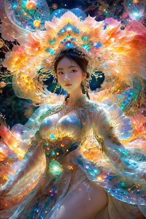 (Masterpiece, Top Quality, Best Quality, Official Art, Beauty and Aesthetic: 1.2), (1girl), Extremely Detailed, (Abstract, Fractal Art: 1.3), Supreme Detailed, Detailed Eyes, Colorful Light Particles, Hanfu, Colorful jewelry, sexy, (nsfw),