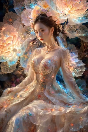 (Masterpiece, Top Quality, Best Quality, Official Art, Beauty and Aesthetic: 1.2), (1girl), Extremely Detailed, (Abstract, Fractal Art: 1.3), Supreme Detailed, Detailed Eyes, Colorful Light Particles, Hanfu, Colorful jewelry, sexy, (nsfw),