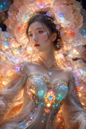 (Masterpiece, Top Quality, Best Quality, Official Art, Beauty and Aesthetic: 1.2), (1girl), Extremely Detailed, (Abstract, Fractal Art: 1.3), Supreme Detailed, Detailed Eyes, Colorful Light Particles, Hanfu, Colorful jewelry, sexy, (nsfw),