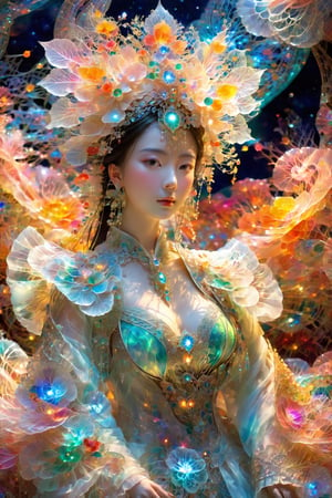 (Masterpiece, Top Quality, Best Quality, Official Art, Beauty and Aesthetic: 1.2), (1girl), Extremely Detailed, (Abstract, Fractal Art: 1.3), Supreme Detailed, Detailed Eyes, Colorful Light Particles, Hanfu, Colorful jewelry, sexy, (nsfw),