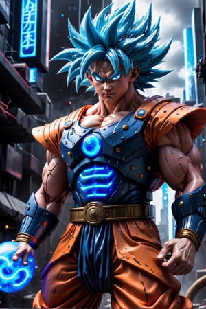 Super detailed live-action Dragon Ball Goku, strong exaggerated body, surrounded by blue energy, wearing armor, cyberpunk city, movie environment.