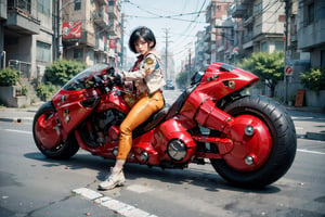 (Realistic, Photorealistic: 1.3), Original, Masterpiece, 16K, High Contrast, (Highest Resolution Illustration), Photorealistic: 1.3, Side Light, ((Exquisite Details and Textures)), Cinematic Shot, Ultra Realistic Photo, Siena Natural Proportions, Full Body View, ((White Short Hair, Bangs)), ((1 Girl on Motorcycle, Starcraft 2 Novaphoto, Wearing Yellow Tight Leather Jacket)), Detailed Face, Abdomen, ((Perfect Details Kaneda Motorcycle)), (AKIRA), Cyberpunk City Night, ((Futuristic)), sprbk