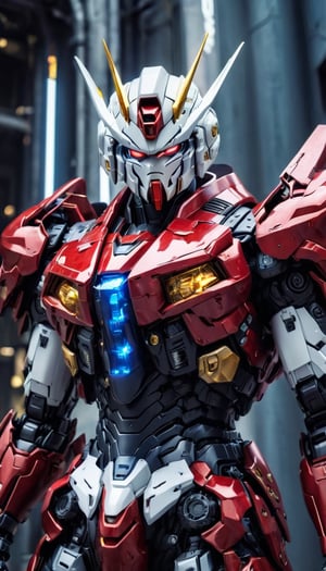 Best quality, original photos,
(Red, white and black Gundam and cute young white-haired Japanese male operator: 1.2),
The male officer standing at the front,
Behind it stands a red, blue and yellow heavy armored combat robot.
Huge, cybertoid, watch cam, full body, bold lines, very detailed,
(real: 1.4), (internal illumination: 1.4) (fractal: 0.1),
white, sharp focus, masterpiece, high quality,
Shallow depth of field detailed background,
The background is a blurry heavy industry science fiction scene,
convey depth and complexity