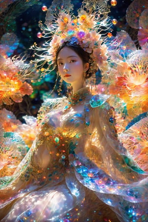 (Masterpiece, Top Quality, Best Quality, Official Art, Beauty and Aesthetic: 1.2), (1girl), Extremely Detailed, (Abstract, Fractal Art: 1.3), Supreme Detailed, Detailed Eyes, Colorful Light Particles, Hanfu, Colorful jewelry, sexy, (nsfw),