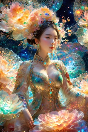 (Masterpiece, Top Quality, Best Quality, Official Art, Beauty and Aesthetic: 1.2), (1girl), Extremely Detailed, (Abstract, Fractal Art: 1.3), Supreme Detailed, Detailed Eyes, Colorful Light Particles, Hanfu, Colorful jewelry, sexy, (nsfw),