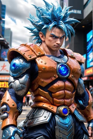 Super detailed live-action Dragon Ball Goku, strong exaggerated body, surrounded by blue energy, wearing armor, cyberpunk city, movie environment.