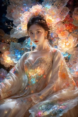 (Masterpiece, Top Quality, Best Quality, Official Art, Beauty and Aesthetic: 1.2), (1girl), Extremely Detailed, (Abstract, Fractal Art: 1.3), Supreme Detailed, Detailed Eyes, Colorful Light Particles, Hanfu, Colorful jewelry, sexy, (nsfw),