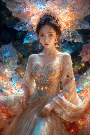 (Masterpiece, Top Quality, Best Quality, Official Art, Beauty and Aesthetic: 1.2), (1girl), Extremely Detailed, (Abstract, Fractal Art: 1.3), Supreme Detailed, Detailed Eyes, Colorful Light Particles, Hanfu, Colorful jewelry, sexy, (nsfw),