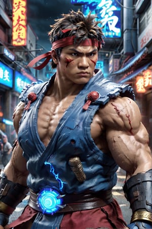Super detailed live-action ,Ryu - Street Fighter， strong exaggerated body, surrounded by blue energy, wearing armor, cyberpunk city, movie environment.