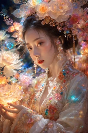 (Masterpiece, Top Quality, Best Quality, Official Art, Beauty and Aesthetic: 1.2), (1girl), Extremely Detailed, (Abstract, Fractal Art: 1.3), Supreme Detailed, Detailed Eyes, Colorful Light Particles, Hanfu, Colorful jewelry, sexy, (nsfw),