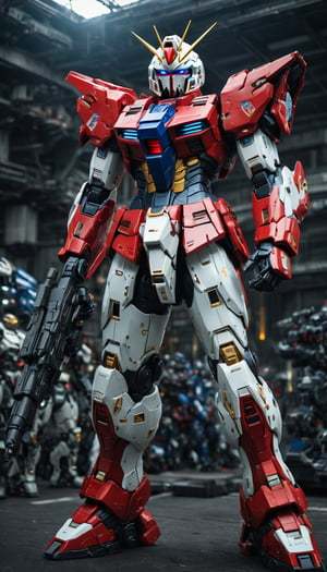 Best quality, original photos,
(Red, white and black Gundam and Boy: 1.2), strong body
The male officer standing at the front,
Behind it stands a red, blue and yellow heavy armored combat robot.
Huge, cybertoid, watch cam, full body, bold lines, very detailed,
(real: 1.4), (internal illumination: 1.4) (fractal: 0.1),
white, sharp focus, masterpiece, high quality,
Shallow depth of field detailed background,
The background is a blurry science fiction scene,
convey depth and complexity