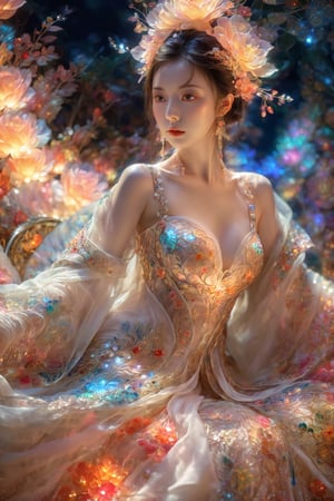 (Masterpiece, Top Quality, Best Quality, Official Art, Beauty and Aesthetic: 1.2), (1girl), Extremely Detailed, (Abstract, Fractal Art: 1.3), Supreme Detailed, Detailed Eyes, Colorful Light Particles, Hanfu, Colorful jewelry, sexy, (nsfw),