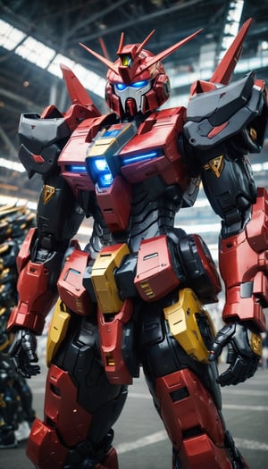 Best quality, original photos,
(Red, white and black Gundam and men: 1.2), strong body
The male officer standing at the front,
Behind it stands a red, blue and yellow heavy armored combat robot.
Huge, cybertoid, watch cam, full body, bold lines, very detailed,
(real: 1.4), (internal illumination: 1.4) (fractal: 0.1),
white, sharp focus, masterpiece, high quality,
Shallow depth of field detailed background,
The background is a blurry science fiction scene,
convey depth and complexity