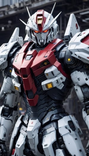 Best quality, original photos,
(Red, white and black Gundam and cute young white-haired Japanese male operator: 1.2),
The male officer standing at the front,
Behind it stands a red, blue and yellow heavy armored combat robot.
Huge, cybertoid, watch cam, full body, bold lines, very detailed,
(real: 1.4), (internal illumination: 1.4) (fractal: 0.1),
white, sharp focus, masterpiece, high quality,
Shallow depth of field detailed background,
The background is a blurry heavy industry science fiction scene,
convey depth and complexity