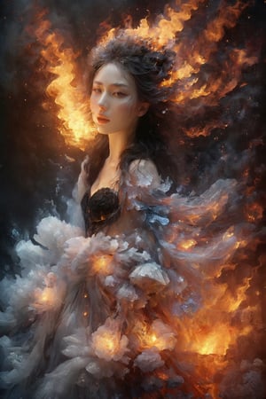 Beautiful female, made with black on white smoky layers, floating embers,  surrealism,faize, ice flowers, fire flowers