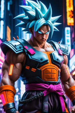 Dragon Ball Goku, strong, wearing armor, cyberpunk city, under neon lights.