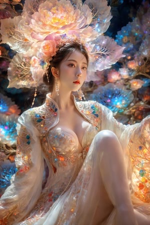 (Masterpiece, Top Quality, Best Quality, Official Art, Beauty and Aesthetic: 1.2), (1girl), Extremely Detailed, (Abstract, Fractal Art: 1.3), Supreme Detailed, Detailed Eyes, Colorful Light Particles, Hanfu, Colorful jewelry, sexy, (nsfw),