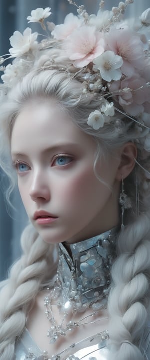 breathtaking ethereal RAW photo of female (A close-up portrait of an albino woman with pastel tones, depicted in a futuristic style. She has an intricate, elaborate hairstyle with multiple braids adorned with pearls and flowers, but with a modern twist. Her hair is white, and she has blue eyes with light freckles on her face. She is dressed in an opulent, high-tech outfit with metallic and holographic elements, and delicate jewelry with futuristic designs. The background is a sleek, high-tech interior with soft, ambient lighting that highlights the details of her attire and accessories. The overall aesthetic blends fantasy and science fiction, emphasizing intricate craftsmanship and a serene expression.

 )), dark and moody style, perfect face, outstretched perfect hands . masterpiece, professional, award-winning, intricate details, ultra high detailed, 64k, dramatic light, volumetric light, dynamic lighting, Epic, splash art .. ), by james jean $, roby dwi antono $, ross tran $. francis bacon $, michal mraz $, adrian ghenie $, petra cortright $, gerhard richter $, takato yamamoto $, ashley wood, tense atmospheric, , , , sooyaaa,IMGFIX,Comic Book-Style,Movie Aesthetic,action shot,photo r3al,bad quality image,oil painting, cinematic moviemaker style,Japan Vibes,H effect,koh_yunjung ,koh_yunjung,kwon-nara,sooyaaa,colorful,bones,skulls,armor,han-hyoju-xl
,DonMn1ghtm4reXL, ct-fujiii,ct-jeniiii, ct-goeuun,mad-cyberspace,FuturEvoLab-mecha,cinematic_grain_of_film,a frame of a animated film of,score_9,3D,style akirafilm,Wellington22A