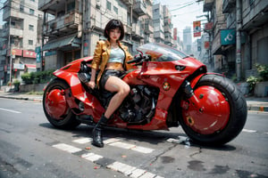 (realistic, photo-Realistic:1.3),raw photo,masterpiece,16K,high contrast, (highest resolution illustration),photorealistic:1.3, sidelighting, ((Exquisite details and textures)),cinematic shot,ultra realistic photo, siena natural ratio,full body view, ((white short hairstyle with blunt bangs)), ((1 girl on motorcycle in yellow color tight leather jacket)), Detailedface,Midriff,((prefect detail Kaneda Motorcycle)),(AKIRA),cyberpunk city night, ((futuristic)),sprbk