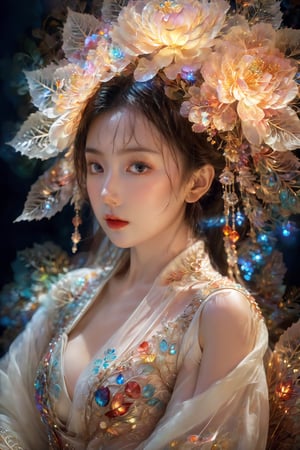 (Masterpiece, Top Quality, Best Quality, Official Art, Beauty and Aesthetic: 1.2), (1girl), Extremely Detailed, (Abstract, Fractal Art: 1.3), Supreme Detailed, Detailed Eyes, Colorful Light Particles, Hanfu, Colorful jewelry, sexy, (nsfw),