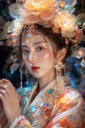 (Masterpiece, Top Quality, Best Quality, Official Art, Beauty and Aesthetic: 1.2), (1girl), Extremely Detailed, (Abstract, Fractal Art: 1.3), Supreme Detailed, Detailed Eyes, Colorful Light Particles, Hanfu, Colorful jewelry, sexy, (nsfw),