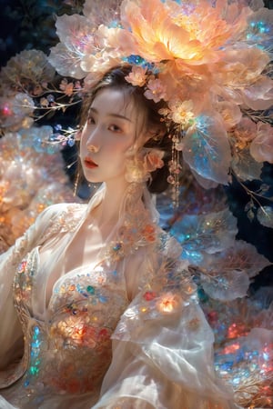 (Masterpiece, Top Quality, Best Quality, Official Art, Beauty and Aesthetic: 1.2), (1girl), Extremely Detailed, (Abstract, Fractal Art: 1.3), Supreme Detailed, Detailed Eyes, Colorful Light Particles, Hanfu, Colorful jewelry, sexy, (nsfw),