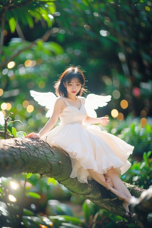 miniature world, a small angel, chibi, lovely white dress, sitting on a branch, in the woods, holding a glowing ice star, magical, fantasy, dreamy, . shallow depth of field, vignette, highly detailed, high budget, bokeh, cinemascope, moody, epic, gorgeous, film grain, grainy, cinematic film, alive,