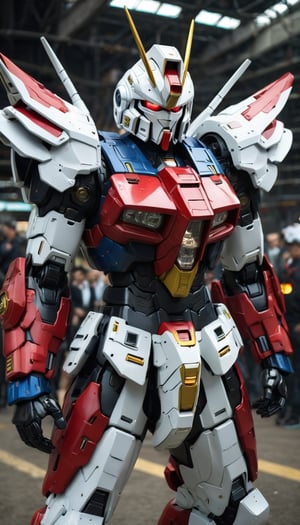 Best quality, original photos,
(Red, white and black Gundam and men: 1.2), strong body
The male officer standing at the front,
Behind it stands a red, blue and yellow heavy armored combat robot.
Huge, cybertoid, watch cam, full body, bold lines, very detailed,
(real: 1.4), (internal illumination: 1.4) (fractal: 0.1),
white, sharp focus, masterpiece, high quality,
Shallow depth of field detailed background,
The background is a blurry science fiction scene,
convey depth and complexity