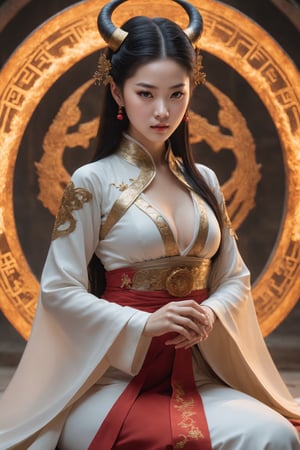 close-up shot with (aerial view):1.8, kneeling pose, look at camera, hyperrealistic, most remarkable elegant demon princess kneeling on a buring magic circle, hanfu:1.25, ethereal glamorous beautiful face, (bright eyes):1.3, (profound facial features):1.32, Chinese girl