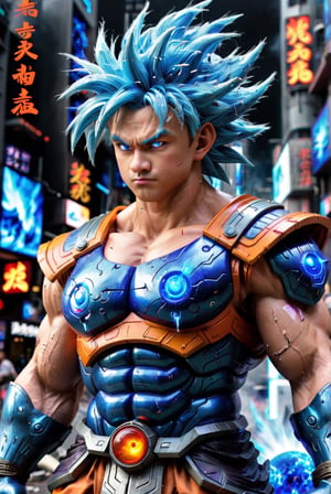 Super detailed live-action Dragon Ball Goku, strong exaggerated body, surrounded by blue energy, wearing armor, cyberpunk city, movie environment.