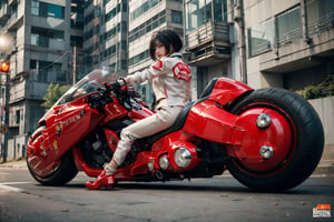 (Realistic, Photorealistic: 1.3), Original, Masterpiece, 16K, High Contrast, (Highest Resolution Illustration), Photorealistic: 1.3, Side Light, ((Exquisite Details and Textures)), Cinematic Shot, Ultra Realistic Photo, Siena Natural Proportions, Full Body View, ((White Short Hair, Bangs)), ((1 Girl on a White Motorcycle, Wearing a Red and White Armored Tight Leather Jacket)), Detailed Face, Abdomen, ((Perfect Details Kaneda Motorcycle)), (AKIRA), Cyberpunk City Night, ((Futuristic)), sprbk