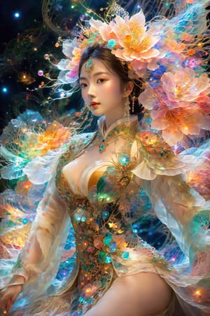 (Masterpiece, Top Quality, Best Quality, Official Art, Beauty and Aesthetic: 1.2), (1girl), Extremely Detailed, (Abstract, Fractal Art: 1.3), Supreme Detailed, Detailed Eyes, Colorful Light Particles, Hanfu, Colorful jewelry, sexy, (nsfw),