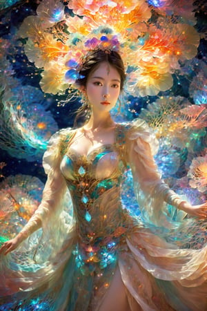 (Masterpiece, Top Quality, Best Quality, Official Art, Beauty and Aesthetic: 1.2), (1girl), Extremely Detailed, (Abstract, Fractal Art: 1.3), Supreme Detailed, Detailed Eyes, Colorful Light Particles, Hanfu, Colorful jewelry, sexy, (nsfw),