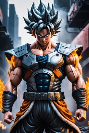 Super detailed Dragon Ball Goku, strong exaggerated body, body emitting flames, wearing armor, cyberpunk city, movie environment.