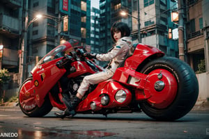 (Realistic, Photorealistic: 1.3), Original, Masterpiece, 16K, High Contrast, (Highest Resolution Illustration), Photorealistic: 1.3, Side Light, ((Exquisite Details and Textures)), Cinematic Shot, Ultra Realistic Photo, Siena Natural Proportions, Full Body View, ((White Short Hair, Bangs)), ((1 Girl on a White Motorcycle, Wearing a Red and White Armored Tight Leather Jacket)), Detailed Face, Abdomen, ((Perfect Details Kaneda Motorcycle)), (AKIRA), Cyberpunk City Night, ((Futuristic)), sprbk