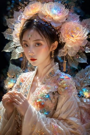 (Masterpiece, Top Quality, Best Quality, Official Art, Beauty and Aesthetic: 1.2), (1girl), Extremely Detailed, (Abstract, Fractal Art: 1.3), Supreme Detailed, Detailed Eyes, Colorful Light Particles, Hanfu, Colorful jewelry, sexy, (nsfw),