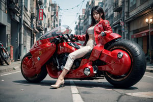 (Realistic, Photorealistic: 1.3), Original, Masterpiece, 16K, High Contrast, (Highest Resolution Illustration), Photorealistic: 1.3, Side Light, ((Exquisite Details and Textures)), Cinematic Shot, Ultra Realistic Photo, Siena Natural Proportions, Full Body View, ((Long White Hair, Bangs)), ((1 Girl on a White Motorcycle, Wearing a Tight Red and White Leather Jacket)), Detailed Face, Abdomen, ((Kaneda Motorcycle in Perfect Detail)), (AKIRA), Cyberpunk City at Night, ((Futuristic)), sprbk