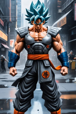 Super detailed Dragon Ball Goku, strong body, wearing armor, cyberpunk city, movie environment.