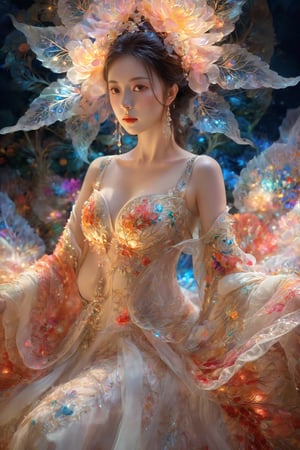 (Masterpiece, Top Quality, Best Quality, Official Art, Beauty and Aesthetic: 1.2), (1girl), Extremely Detailed, (Abstract, Fractal Art: 1.3), Supreme Detailed, Detailed Eyes, Colorful Light Particles, Hanfu, Colorful jewelry, sexy, (nsfw),