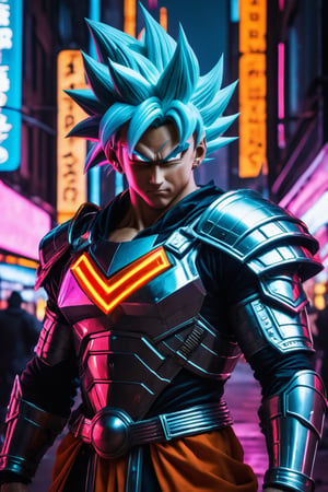 Dragon Ball Goku, wearing medieval armor, cyberpunk city, under neon lights.