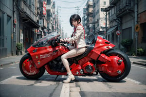 (Realistic, Photorealistic: 1.3), Original, Masterpiece, 16K, High Contrast, (Highest Resolution Illustration), Photorealistic: 1.3, Side Light, ((Exquisite Details and Textures)), Cinematic Shot, Ultra Realistic Photo, Siena Natural Proportions, Full Body View, ((White Short Hair, Bangs)), ((1 Girl on a White Motorcycle, Wearing a Red and White Armored Tight Leather Jacket)), Detailed Face, Abdomen, ((Perfect Details Kaneda Motorcycle)), (AKIRA), Cyberpunk City Night, ((Futuristic)), sprbk