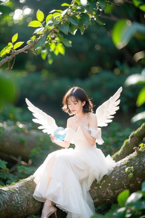 miniature world, a small angel, chibi, lovely white dress, sitting on a branch, in the woods, holding a glowing ice star, magical, fantasy, dreamy, . shallow depth of field, vignette, highly detailed, high budget, bokeh, cinemascope, moody, epic, gorgeous, film grain, grainy, cinematic film, alive,