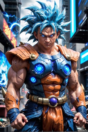 Super detailed live-action Dragon Ball Goku, strong exaggerated body, surrounded by blue energy, wearing armor, cyberpunk city, movie environment.