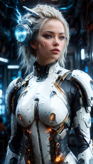 1girl, woman in high-tech space suit, through transparent visor,A look of relief,
beautiful face visible through transparent visor, white gloves, intricate blue mechanical vial,((holding jar containing lightning)), elaborate spaceship background,photo_b00ster,sad. 1 girl, huge breasts, huge body, messy white hair, realistic, perfect murge, 
,Mecha body,Young beauty spirit .Best Quality, photorealistic, ultra-detailed, finely detailed, high resolution, perfect dynamic composition, sharp-focus,b3rli,dongtan dress,mature female,naked bandage