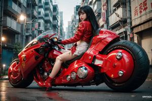(Realistic, Photorealistic: 1.3), Original, Masterpiece, 16K, High Contrast, (Highest Resolution Illustration), Photorealistic: 1.3, Side Light, ((Exquisite Details and Textures)), Cinematic Shot, Ultra Realistic Photo, Siena Natural Proportions, Full Body View, ((Long White Hair, Bangs)), ((1 Girl on a Blue Motorcycle, Wearing a Tight Red and White Leather Jacket)), Detailed Face, Abdomen, ((Kaneda Motorcycle in Perfect Detail)), (AKIRA), Cyberpunk City at Night, ((Futuristic)), sprbk
