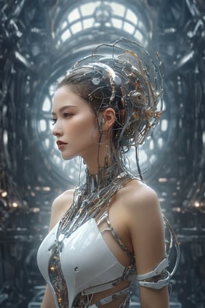 Digital Art, Surreal Art Style, Portraying the fusion of human and machine elements in the form of a bride, Surreal and otherworldly ambiance, High Resolution, (cyborg bride:1.2), (surreal art style:1.15), (fusion of human and machine:1.18), (surreal portrayal:1.12), (otherworldly ambiance:1.16), (mechanical composition:1.2), (ethereal atmosphere:1.18), (high resolution:1.15), (captivating details:1.12), (surrealistic presence:1.16), (cybernetic beauty:1.18)