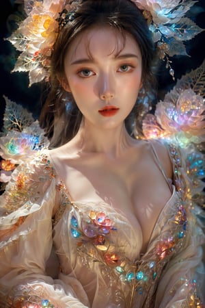 (Masterpiece, Top Quality, Best Quality, Official Art, Beauty and Aesthetic: 1.2), (1girl), Extremely Detailed, (Abstract, Fractal Art: 1.3), Supreme Detailed, Detailed Eyes, Colorful Light Particles, Hanfu, Colorful jewelry, sexy, (nsfw),